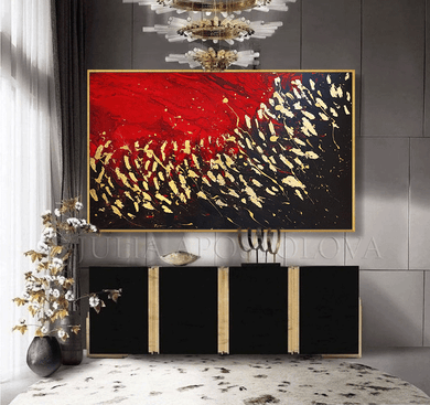 ORIGINAL PAINTING Gold Leaf Wall Art Red Gold Black Art Abstract Gold Leaf Painting for Modern Decor, Red Gold Black Art, Gold Leaf Painting Abstract Gold Leaf, Large Luxury Wall Art, Julia Apostolova, Living Room, Gold Leaf Abstract, Gold Leaf Wall Art, Hotel Decor, Interior, Glam Decor, Luxury painting, Luxury Art, Deep Red and Gold, Interior Designer, Interior Design Ideas, Wall Art with Real Gold Leaf, Dinning Room, Office, Restaurant,
