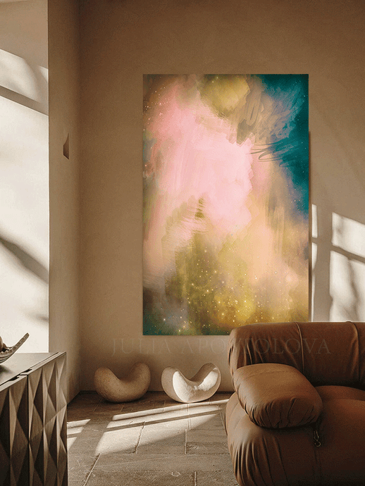 Large Canvas Art Abstract Textured Painting Print Wall Art for Boho Decor or Contemporary Wall Decor, Abstract Wall Art, Large Canvas Print, Teal Gold Pink Minimal, Modern Painting, Floral Painting by Julia Apostolova, Abstract Wall Art Floral Elegant Painting, Large Wall Art, Modern Decor, oil wall art, neutral wall decor, teal wall art, celestial painting, modern decor, zen wall art, zen painting, trend art, large art, trendy decor, living room, interior, hallway