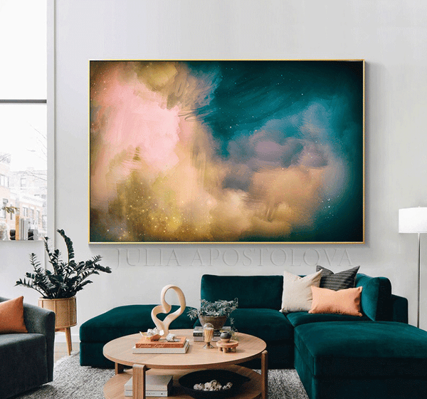 Extra Large Wall Art Set of Two Abstract Paintings 2 Canvas Prints Black  Gold Teal Julia Apostolova