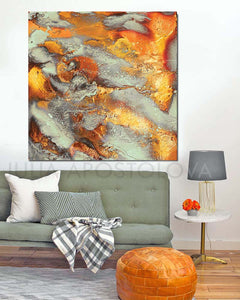Autumn Decor, Large Wall Art, Modern Abstract Painting, Square, Canvas Print, Autumn Spirit, Julia Apostolova, Gold Leaf, Gold, Copper, Gray, Abstract Painting, Watercolor Abstract, Canvas Print, Modern Wall Decor, Julia Apostolova, Extra Large Wall Art, Abstract Painting, Canvas Print Gold, Julia Apostolova, interior, design, home decor, lobby, hotel lobby decor, restaurant decor, interior designer, art collector