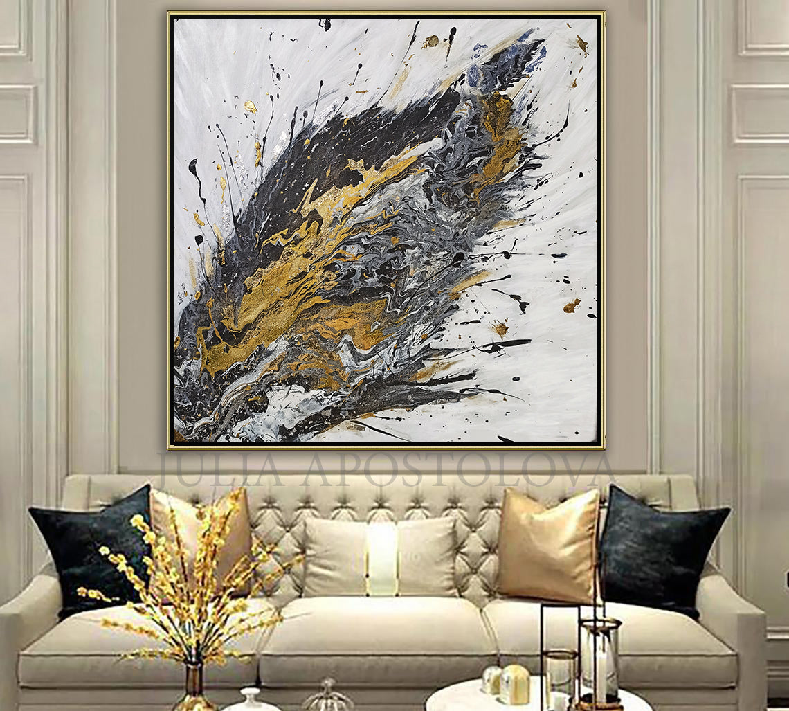 White Black Original Painting With Gold