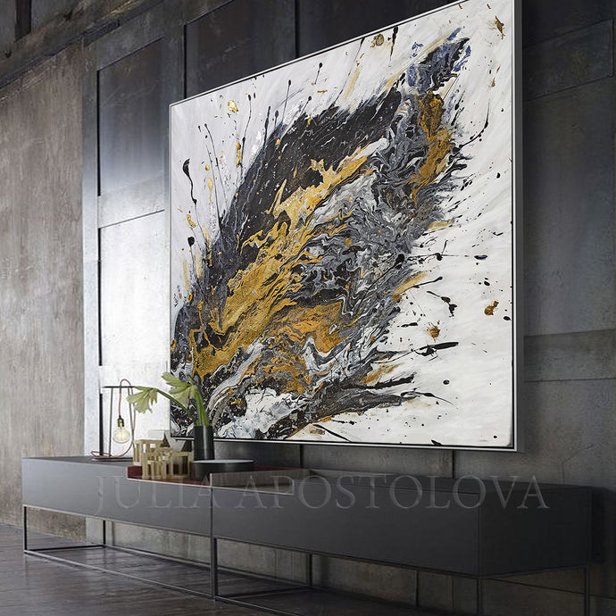 White Black Original Painting, Gold and Silver Leaf, Luxury Interior Art ''Believe In Yourself'', Huge Painting, black, gold leaf art, Abstract Silver Leaf, original art, uxury, Julia Apostolova, White and Gold, Original painting, Luxury decor, Wall art, original painting, glam, modern decoration, interiors, Minimalart, Pinterest Contemporary art, abstract art, luxury homes, modern, trendy, artwork, Livingroom decor Llarge wall art, mixed media art, canvas, acrylic, julia apostolova art, huge art