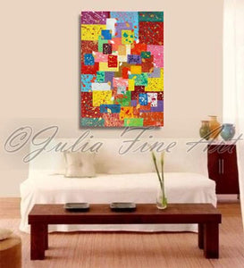 Ethnic Painting, Geometric Original Painting, Large Abstract Art, Colorful Contemporary Modern Decor, Julia Apostolova, red and gold art, red modern art, rectangular art, feng shui, trend, modern wall decor, rectangles, rectangular art, rectangular wall art, squares, bold colors