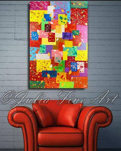 Ethnic Painting, Geometric Original Painting, Large Abstract Art, Colorful Contemporary Modern Decor, Julia Apostolova, red and gold art, red modern art, rectangular art, feng shui, trend, modern wall decor, rectangles, rectangular art, rectangular wall art, squares, bold colors
