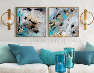 gold leaf art, set of 2, black grey gold teal, turquoise, watercolour, happy clients, watercolor print, modern wall decor, wall art decor, wall art, contemporary two abstract prints, two abstract paintings, modern decor, canvas prints