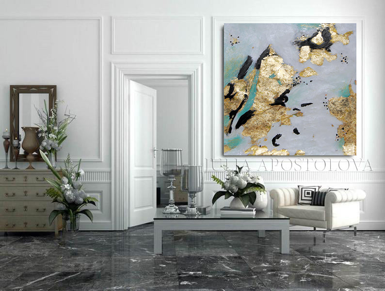 Original Painting, Black White Gold Wall Art Elegant Gold Leaf Abstract Painting by Julia Apostolova, Elegant Painting, Luxury Decor, Interior, Glam Decor, Interior Designer, Interior Design, LivinRoom Decor, Bedroom, Office Decor, Art Gift for Her, Large Wall Art, White Black and Teal