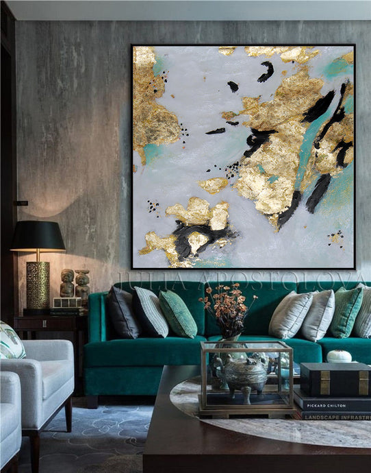 Original Painting, Black White Gold Wall Art Elegant Gold Leaf Abstract Painting by Julia Apostolova, Elegant Painting, Luxury Decor, Interior, Glam Decor, Interior Designer, Interior Design, LivinRoom Decor, Bedroom, Office Decor, Art Gift for Her, Large Wall Art, White Black and Teal