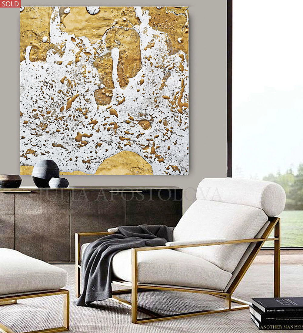 White Gold Abstract Print, Gold Leaf Painting, Julia Apostolova, Modern Wall Decor, Ready to Hang Art, Minimalist Painting, Gold Leaf Print, Gold Leafing, Gold Leaf Artwork, Large Wall Art, Bedroom, Interior Decor