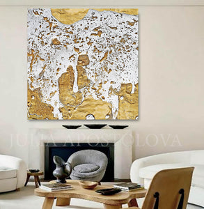 White Gold Abstract Print, Gold Leaf Painting, Julia Apostolova, Modern Wall Decor, Ready to Hang Art, Minimalist Painting, Gold Leaf Print, Gold Leafing, Gold Leaf Artwork, Large Wall Art, Bedroom, Interior Decor
