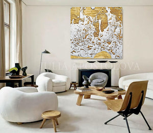 White Gold Abstract Print, Gold Leaf Painting, Julia Apostolova, Modern Wall Decor, Ready to Hang Art, Minimalist Painting, Gold Leaf Print, Gold Leafing, Gold Leaf Artwork, Large Wall Art, Living Room, Interior Decor