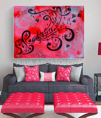 Pink Musical Painting, Love Art, Girl Room Wall Art Decort, Canvas Print with Music Notes and Hearts, Musical Wall Art, Music Notes, Sol Key, Music Gifts, Art Gift, Interior, Kids Room, Pink and Black, Pink Abstract, Pink Wall Art