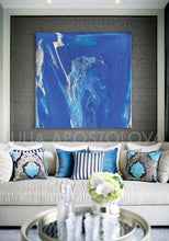 Blue Wall Art, Cobalt Blue Painting, Textured Blue Canvas with Silver Accents, Ready to Hang Print