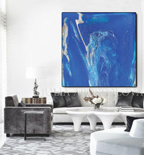 Blue Wall Art, Cobalt Blue Painting, Julia Apostolova, Textured Blue Canvas with Silver Accents, Ready to Hang Print, Interior, Livingroom, Design, Minimalist Painting