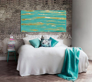 Original Painting, Turquoise Wall Art, Turquoise and Gold, Gold Leaf Painting, Zen Painting, Coastal Decor, Large Art, Contemporary Art, Abstract Wall Art, Coastal Wall Art , Turquoise Gold Colors, Glitter, Gold Leaf, Shining Golden Details, Sparke Art, Glam, Zen , Interior Decor,  Julia Apstolova, Luxury, Hotel Lobby, Home Decor, Spa Decor, Interior Designers, Wall Art, Painting, Livingroom, Bathroom, Bedroom Decor