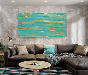 Original Painting, Turquoise Wall Art, Turquoise and Gold, Gold Leaf Painting, Zen Painting, Coastal Decor, Large Art, Contemporary Art, Abstract Wall Art, Coastal Wall Art , Turquoise Gold Colors, Glitter, Gold Leaf, Shining Golden Details, Sparke Art, Glam, Zen , Interior Decor,  Julia Apstolova, Luxury, Hotel Lobby, Home Decor, Spa Decor, Interior Designers, Wall Art, Painting, Livingroom, Bathroom, Bedroom Decor