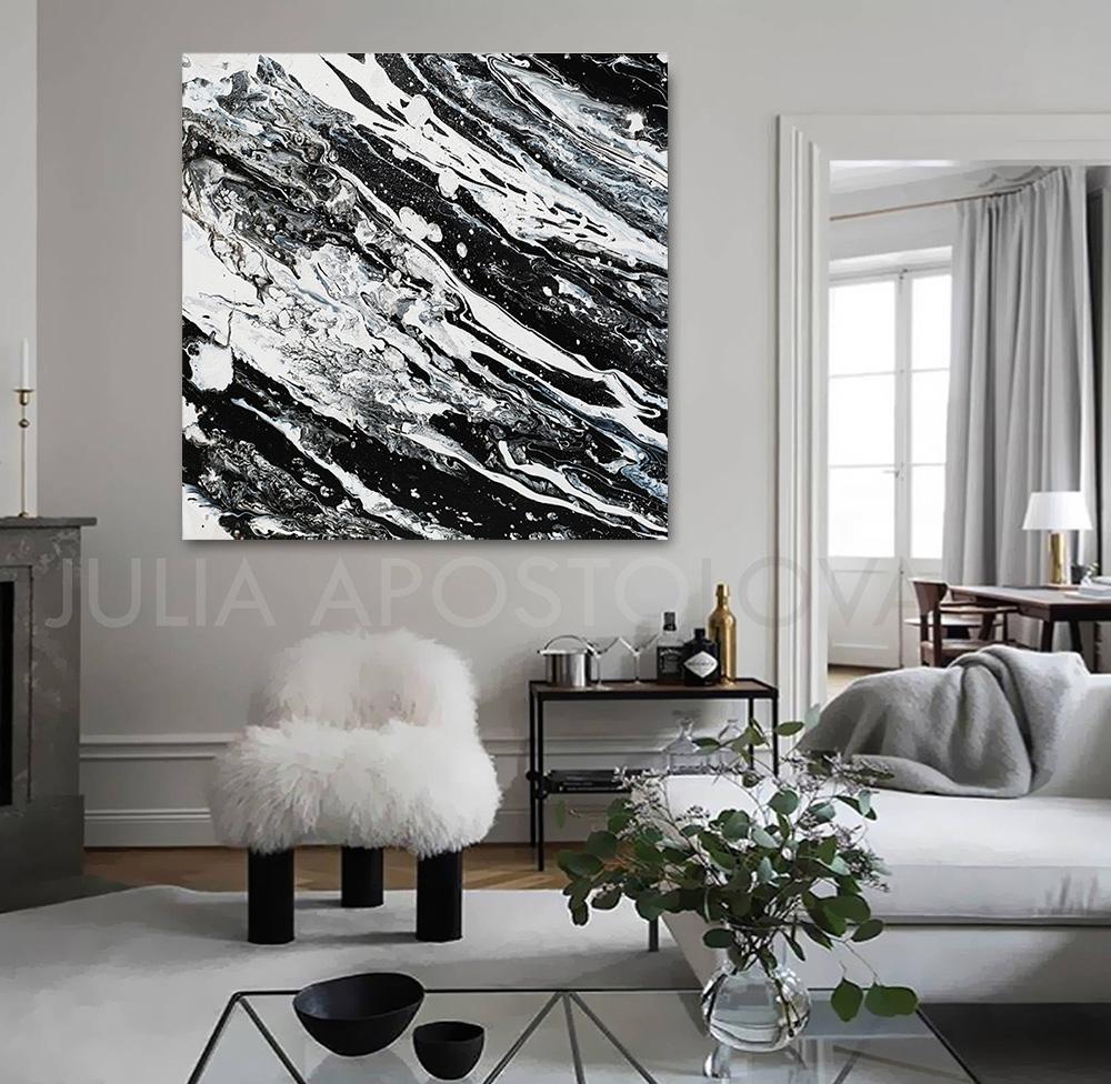 Modern Black White Abstract Painting, Canvas Print Large Wall Art Contemporary Art, Julia Apostolova