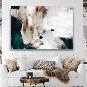 Abstract Teal Beige Wall Art With Earth Tones Minimal Large Canvas Modern Painting 'Morning Embrace' Floral Paintingby Julia Apostolova, Abstract Wall Art Floral Painting Elegant Abstract Canvas Print, Large Wall Art, Modern Decor, gray, white, ivory, sage green wall art, black, oil wall art, neutral wall decor, neutral wall art, neutral painting, neutral decor, neutral art, neutral colors, zen wall art, zen painting, natural, animal trend, large art, trendy decor, living room, interior, hallway, bedroom