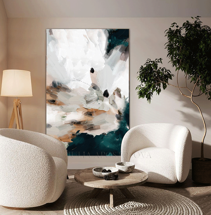Abstract Teal Beige Wall Art With Earth Tones Minimal Large Canvas Modern Painting 'Morning Embrace'