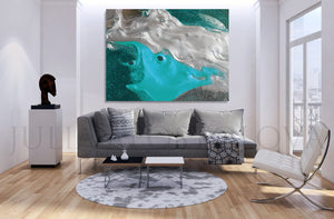 Turquoise Silver Wall Art Abstract Minimalist Painting, Modern Seascape Canvas Art Print,Coastal Art