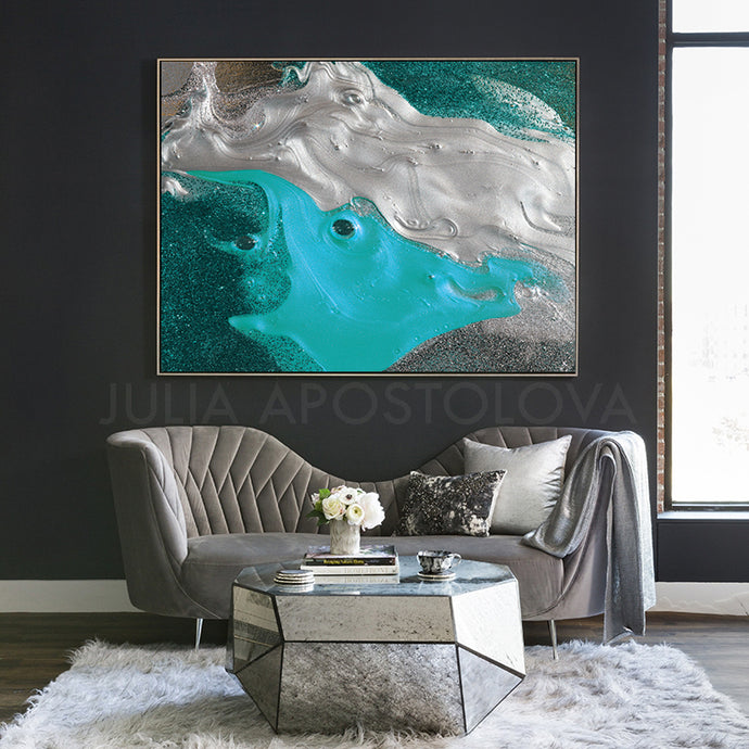 Turquoise Silver Wall Art Abstract Minimalist Painting, Modern Seascape Canvas Art Print,Coastal Art