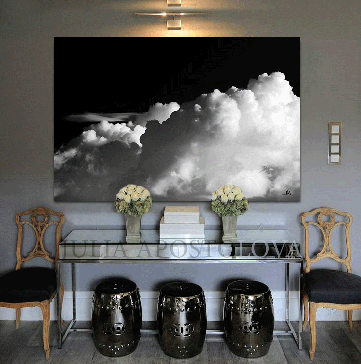 Large Cloud Painting Black White Wall Art Abstract Cloud Canvas Print ...