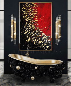 ORIGINAL PAINTING Gold Leaf Wall Art Red Gold Black Art Abstract Gold Leaf Painting for Modern Decor, Red Gold Black Art, Gold Leaf Painting Abstract Gold Leaf, Large Luxury Wall Art, Julia Apostolova, Living Room, Gold Leaf Abstract, Gold Leaf Wall Art, Hotel Decor, Interior, Glam Decor, Luxury painting, Luxury Art, Deep Red and Gold, Interior Designer, Interior Design Ideas, Wall Art with Real Gold Leaf, Dinning Room, Office, Restaurant,