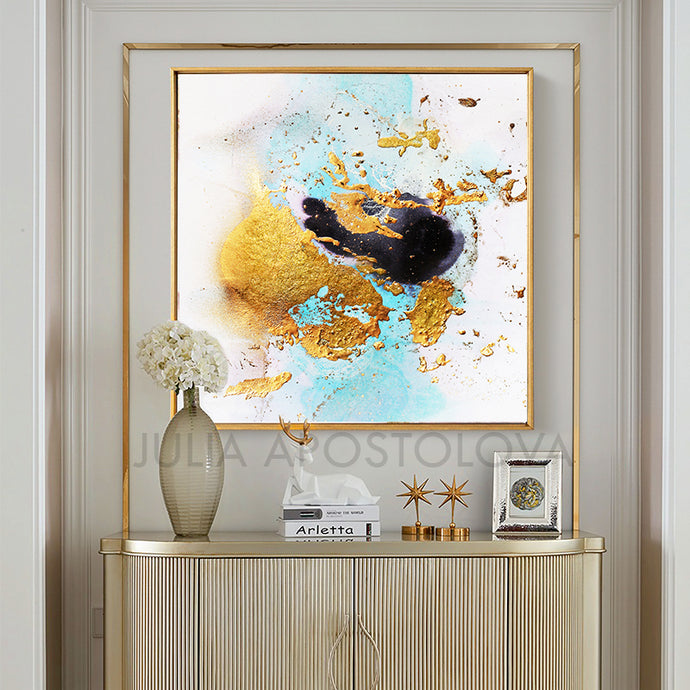 White Black Gold Leaf Watercolor Abstract Canvas Wall Art Decor, Modern Painting by Julia Apostolova
