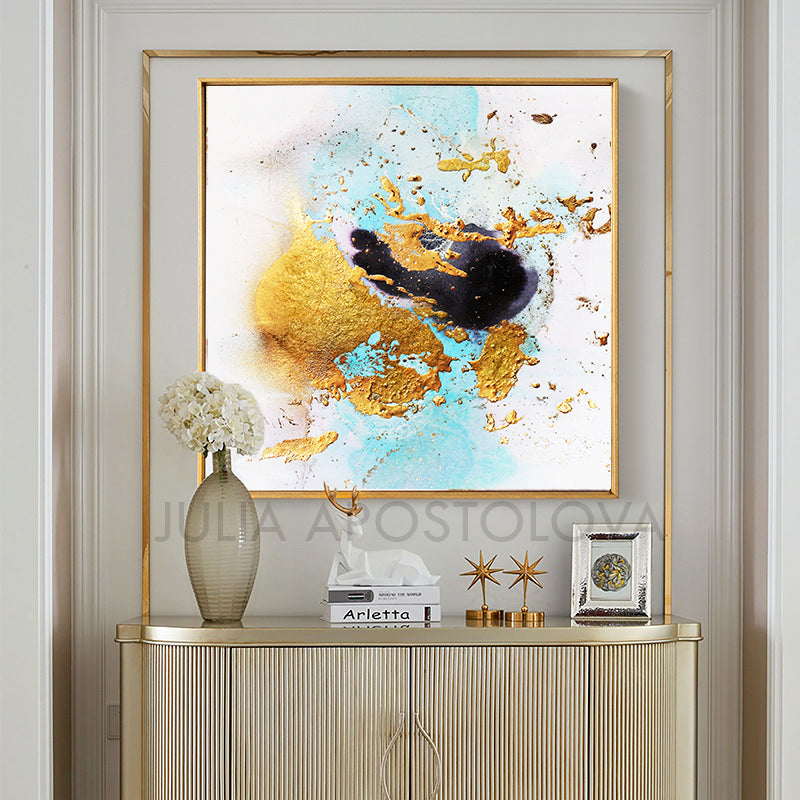 White Black Gold Leaf Watercolor Abstract Canvas Wall Art Decor, Modern Painting by Julia Apostolova