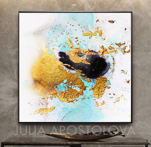 White Black Gold Leaf Watercolor Abstract Canvas Wall Art Decor, Modern Painting by Julia Apostolova
