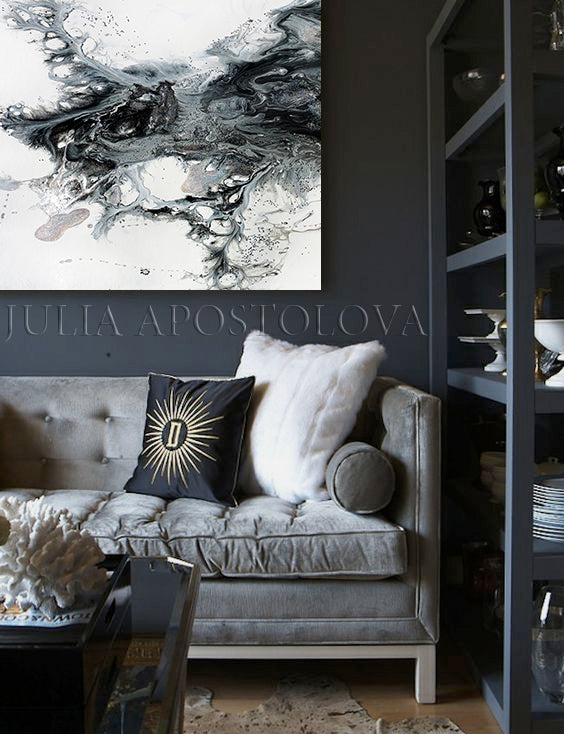 Large Black White Gray Painting Abstract Wall Art for Modern Decor, Julia Apostolova, Ready to Hang, Embellished Canvas, white art, white and black print, white and black painting, white and black canvas print  white and black canvas, white abstract , white watercolour art  watercolour  watercolor print, modern abstract  minimalist white wall art  minimalist white painting minimalist white art, Minimalist Painting, minimalist art  minimalist, minimal blue decor, minimal artwork