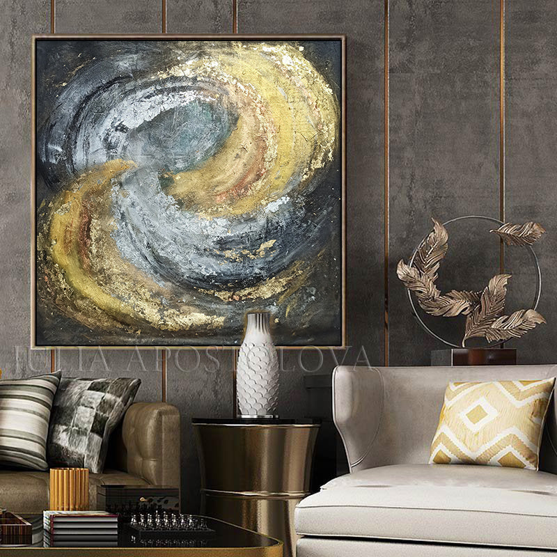 Huge Painting Black Gold Leaf Abstract