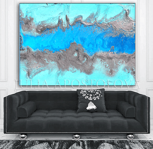 Teal Silver Painting, Turquoise Gray Canvas Print Abstract Seascape 'Blue Lagoon', Julia Apostolova Ocean Waves Seascape Painting Print, Ocean Abstract Painting, Interior, Modern Art, Blue Silver Large Wall Art, Blue Minimalist Painting, Blue Minimal Art, Sea Abstract, Interior Ideas, Decor, Interior designer, Interior Idea, Coastal Decor, Turquoise White, Teal White Wall Art Decor, Large Art, Huge Decor, Abstract Sea Art, Stretched Canvas, Modern Home Decor, Office Art, Kids Wall Art Decor