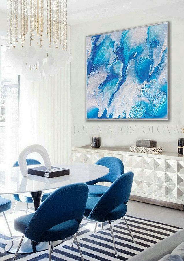 Blue White Abstract Art Canvas Print Coastal Decor Azure Square