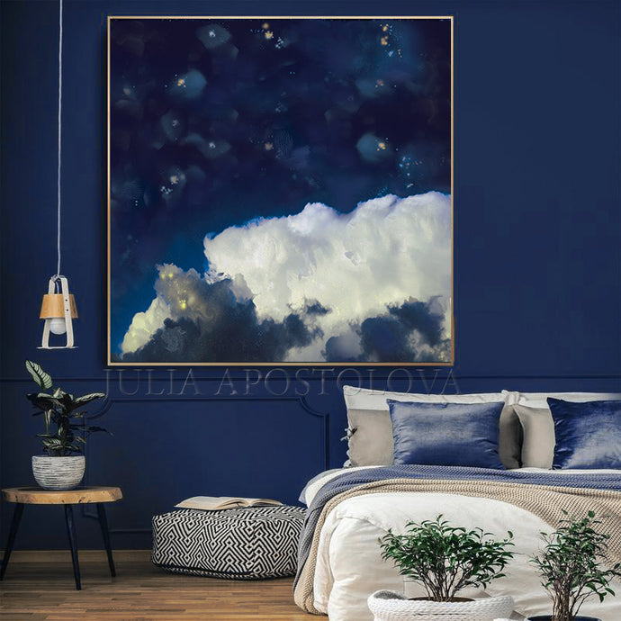 Navy Blue Cloud Wall Art ,Cloud Painting, Canvas Print, Blue White Large Wall Art, Julia Apostolova, Minimalist Abstract, Blue Cloud Art, Blue Sky, Bedroom Art, Office Art, Gift for Him, Interior Decor, Designer, Cloudscape, Trend Art, Modern Decor