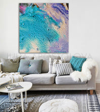 blue purple abstract art, hanging over sofa in boho living room