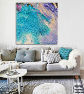 blue purple abstract art, hanging over sofa in boho living room