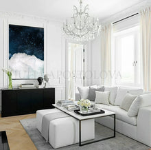 Blue Wall Art Cloud Painting, Dark Sky White Clouds, Large Canvas Cloud Abstract Galaxy Trendy Decor, Minimalist Art, Trend Wall Art, Julia Apostolova, bedroom art, interior, design decor, cumulus cloud, cumulus, white clouds artover bed, livingroom art, large wall art, home decor, celestial watercolor, celestial wall art, abstract clouds, abstract cloud wall art, abstract, cloud painting, boys room decor, office wall art, modern decor, luxury, textured canvas, hotel lobby decor, cloudscapes, navy blue