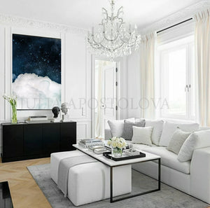 Blue Wall Art Cloud Painting, Dark Sky White Clouds, Large Canvas Cloud Abstract Galaxy Trendy Decor, Minimalist Art, Trend Wall Art, Julia Apostolova, bedroom art, interior, design decor, cumulus cloud, cumulus, white clouds artover bed, livingroom art, large wall art, home decor, celestial watercolor, celestial wall art, abstract clouds, abstract cloud wall art, abstract, cloud painting, boys room decor, office wall art, modern decor, luxury, textured canvas, hotel lobby decor, cloudscapes, navy blue