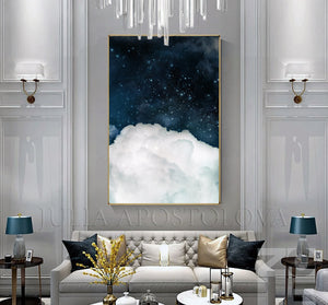 Blue Wall Art Cloud Painting, Dark Sky White Clouds, Large Canvas Cloud Abstract Galaxy Trendy Decor, Minimalist Art, Trend Wall Art, Julia Apostolova, bedroom art, interior, design decor, cumulus cloud, cumulus, white clouds artover bed, livingroom art, large wall art, home decor, celestial watercolor, celestial wall art, abstract clouds, abstract cloud wall art, abstract, cloud painting, boys room decor, office wall art, modern decor, luxury, textured canvas, hotel lobby decor, cloudscapes, navy blue