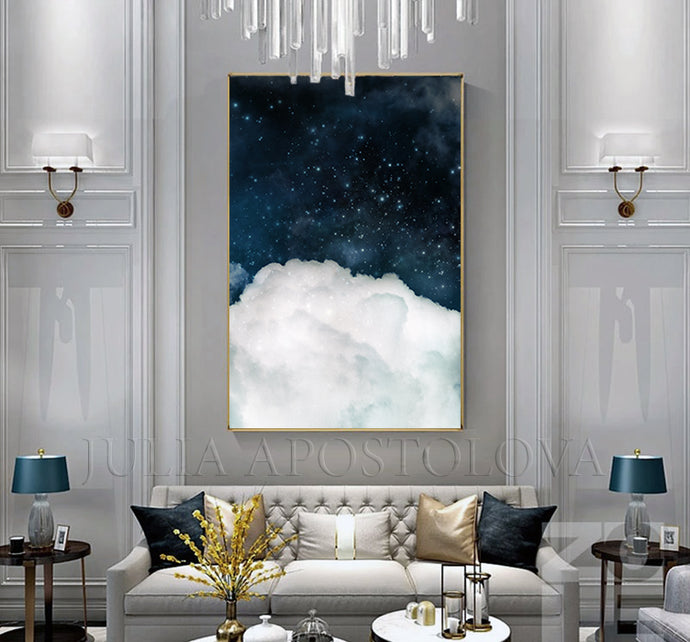 Blue Wall Art Cloud Painting, Dark Sky White Clouds, Large Canvas Cloud Abstract Galaxy Trendy Decor, Minimalist Art, Trend Wall Art, Julia Apostolova, bedroom art, interior, design decor, cumulus cloud, cumulus, white clouds artover bed, livingroom art, large wall art, home decor, celestial watercolor, celestial wall art, abstract clouds, abstract cloud wall art, abstract, cloud painting, boys room decor, office wall art, modern decor, luxury, textured canvas, hotel lobby decor, cloudscapes, navy blue