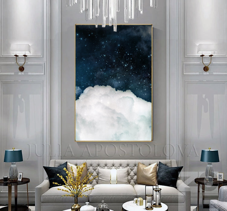 Blue Wall Art Cloud Painting, Dark Sky White Clouds, Large Canvas Cloud Abstract Galaxy Trendy Decor, Minimalist Art, Trend Wall Art, Julia Apostolova, bedroom art, interior, design decor, cumulus cloud, cumulus, white clouds artover bed, livingroom art, large wall art, home decor, celestial watercolor, celestial wall art, abstract clouds, abstract cloud wall art, abstract, cloud painting, boys room decor, office wall art, modern decor, luxury, textured canvas, hotel lobby decor, cloudscapes, navy blue