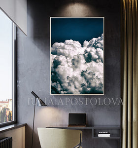Cloud Painting Navy Blue Cloud Art Canvas Print, Celestial Decor, Bly Sky & White Clouds, Nordic Art