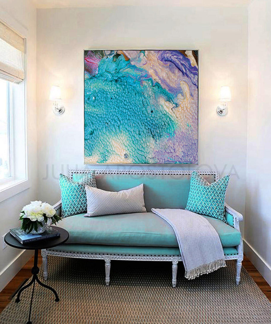 Abstract Seascape, Beach Wall Decor, Turquoise Abstract Painting, Cell Art Print, Modern Decor, Living Room, Interior Decor, Cell Painting, Cell Abstract Art, Home Decor, Beach Art, Design, Interior Designer, Large Wall Art by Fine Artist Julia Apostolova