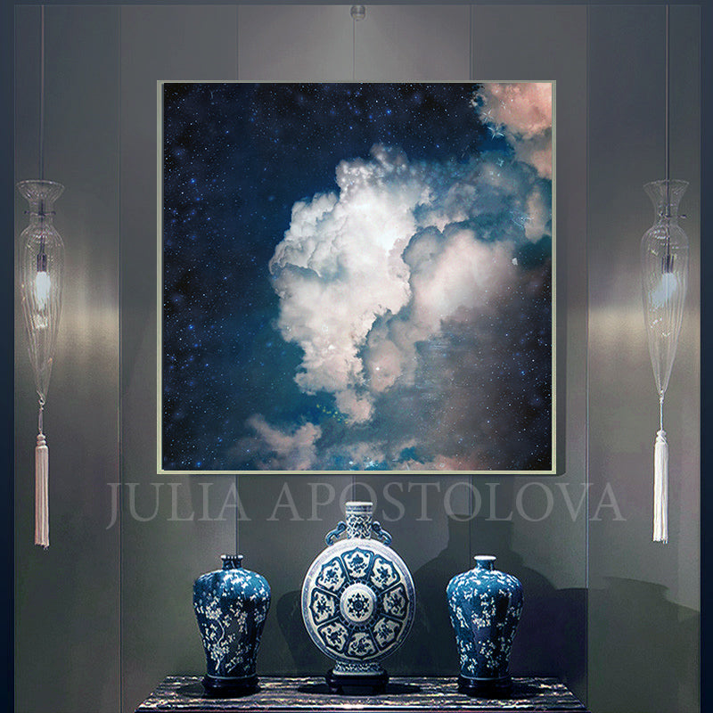 Cumulus Clouds, Navy Cloud Art, Celestial Abstract, Blue White Cloud Wall Art Large Textured Canvas, Cloud Painting, Decor, Interior, Bedroom, Living Room, Celestial Wall ART, Clouds. Cloud Wall Art, Art over Bed, Dreamy Decor, Hotel Lobby Art