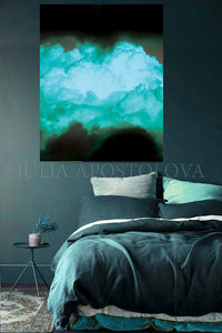Black Teal Abstract, Cloud Painting Print, Turquoise Green, Wall Art Minimalist Home Office Decor, Julia Apostolova, Cloud Painting, Cloud Wall Art, Minimalist Painting, Dreamy Decor, Trendy Decor, Wall Art Cloud, Bedroom Wall Decor, turquoise wall art, Livingroom, Office Decor, Abstract Clouds, Interior, Design, Black and Teal Interior Designer, minimalist turquoise painting, Photography 