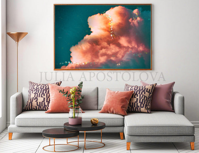 cloud painting, cloudscape, cloud print, cloudscape wall art, dreamy art, scandinavian art, nordic design, scandinavian design style, julia apostolova, teal, turquoise, watercolour, watercolor print, modern wall decor, wall art decor, wall art, contemporary two abstract prints, abstract painting, modern decor, canvas prints, zen, bedroom painting, bedroom art, livingroom, bathroom