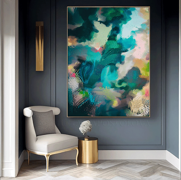 Teal Art Abstract Botanical Painting Tropical Print Emerald Green Wall Art Large Canvas Boho Decor, Floral Art Print Colorful Painting Abstract Living Room Bedroom Wall Decor Floral Wall Art Colorful Abstract Painting Large Canvas Bold Wall Art Boho Decor, Floral Painting, Julia Apostolova, Abstract Wall Art, Large Wall Art, Modern Decor, sage green wall art, mother's day gift, exotic decor, zen wall art, zen painting, large art, trendy decor, interior, hallway, spring decor, art gift