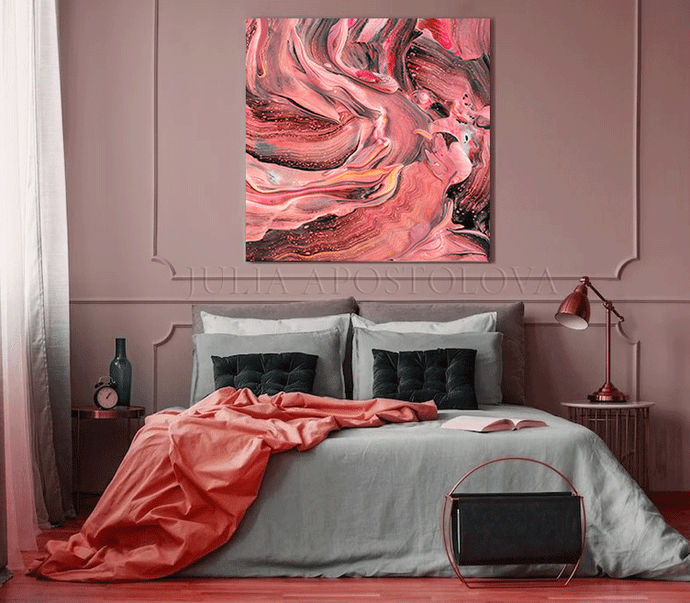 Coral Pink Wall Art Floral Abstract Painting Blush Pink Canvas 'Dancing Blossom' by Julia Apostolova, bedroom art, coral interior, coral canvas art, coral blush pink, coral and pink, coral abstract painting, coral abstract art, home decor, living room home, girls room decor, gift for her