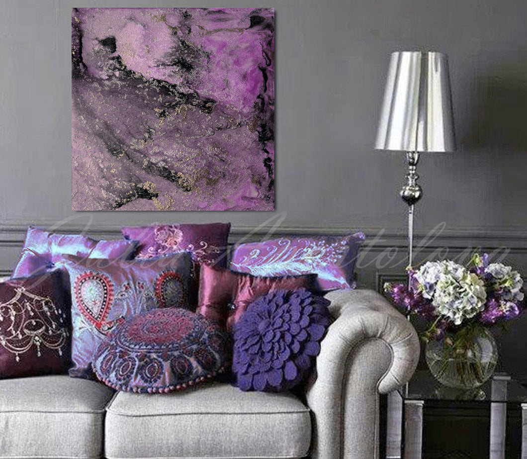 Purple Abstract Painting Print, Purple Black Wall Art Modern Decor, Ready to Hang Embellished Canvas, Julia Apostolova, Purple Abstract, Lilac Wall Art, Modern Wall Decor, Gold Leaf, Silver Leaf, Bedroom, Livingroom, Interior Designer