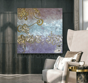 Floral Abstract Original Painting Elegant Gold Leaf Art Pastel Color Wall Art Romantic Gift for Her